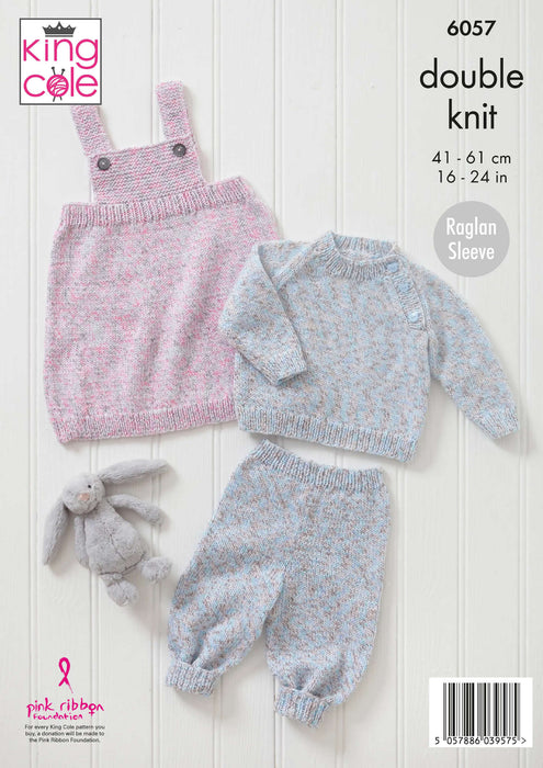 King Cole 6057 Double Knitting Pattern - Baby Sweater, Pinafore Dress & Pants (16 - 24in)