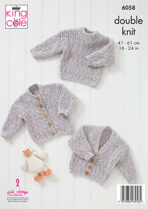 King Cole 6058 Double Knitting Pattern - Baby Cardigans & Sweater (16 - 24in)