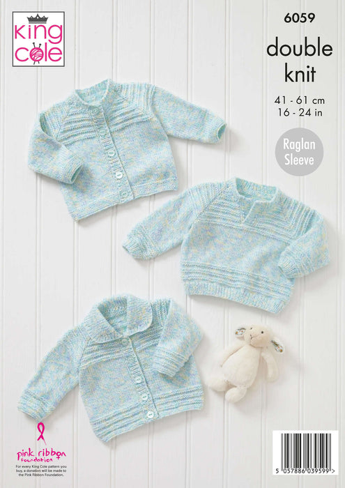King Cole 6059 Double Knitting Pattern - Baby Cardigans & Sweater (16 - 24in)