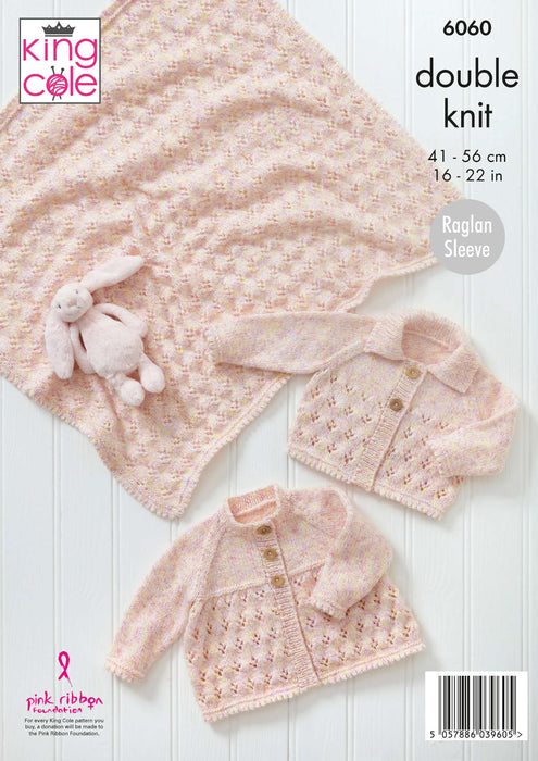 King Cole 6060 Double Knitting Pattern - Baby Jacket, Cardigan & Blanket (16 - 22in)