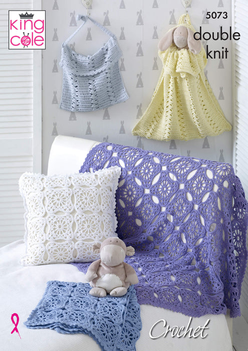 King Cole 5073 CROCHET Pattern - Baby Blankets, Cushion, Toy Bag, Nappy Bag in Cotton DK