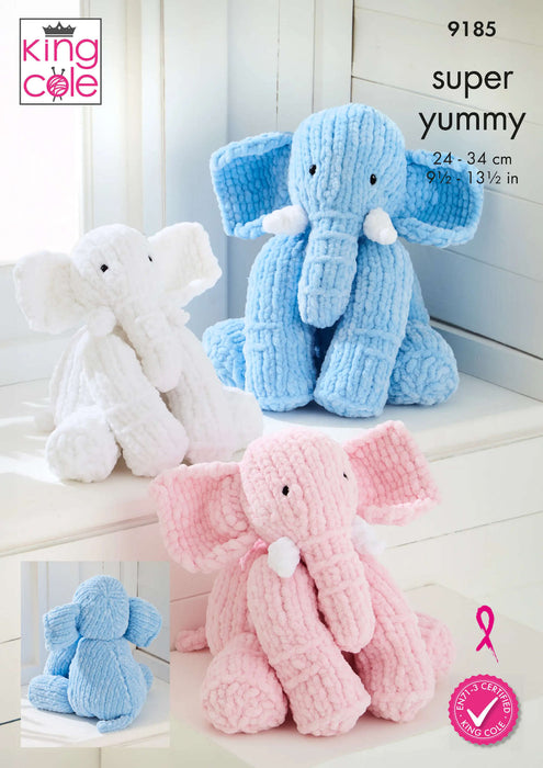 King Cole 9185 Knitting Pattern - Elephant Toys Knitted in Super Yummy