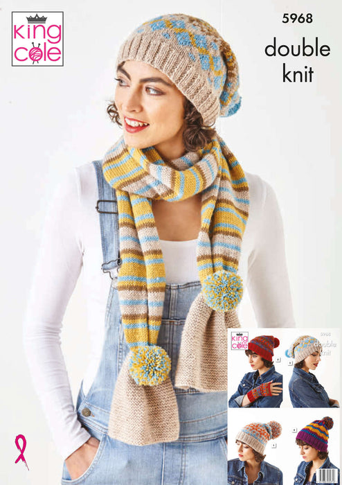 King Cole 5968 Double Knitting Apparel Accessories Pattern - Ladies Scarf, Hats & Handwarmers DK