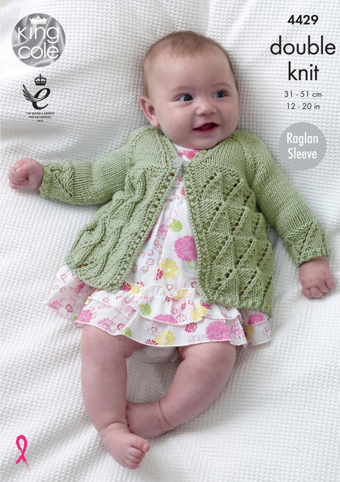 King Cole 4429 Baby Double Knitting Pattern - Cotton DK Matinee Coat, Angel Top and Cardigan (Prem - 12 mnths)
