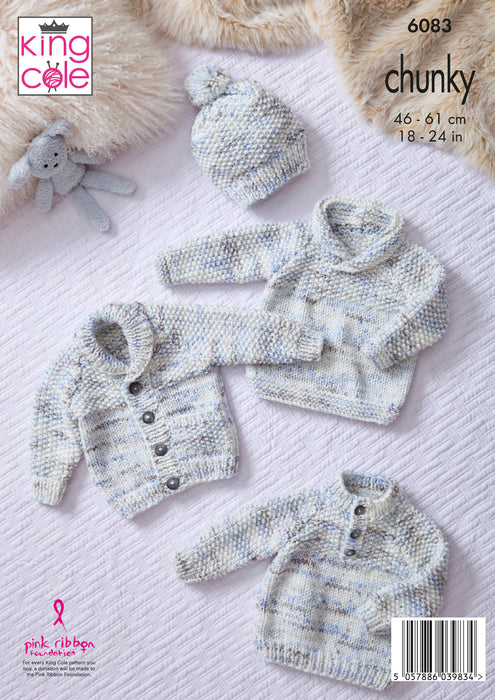 King Cole 6083 Chunky Knitting Pattern - Jacket, Sweaters & Hat for Children (6mnths to 4 years)