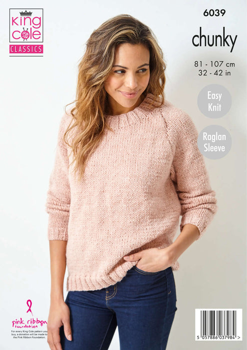 King Cole 6039 Chunky Knitting Pattern - Ladies Sweaters & Cowl