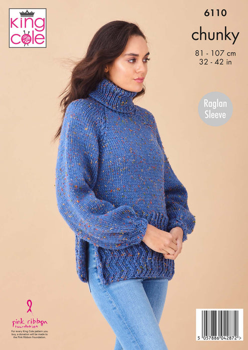 King Cole 6110 Chunky Knitting Pattern - Ladies Sweater & Cardigan