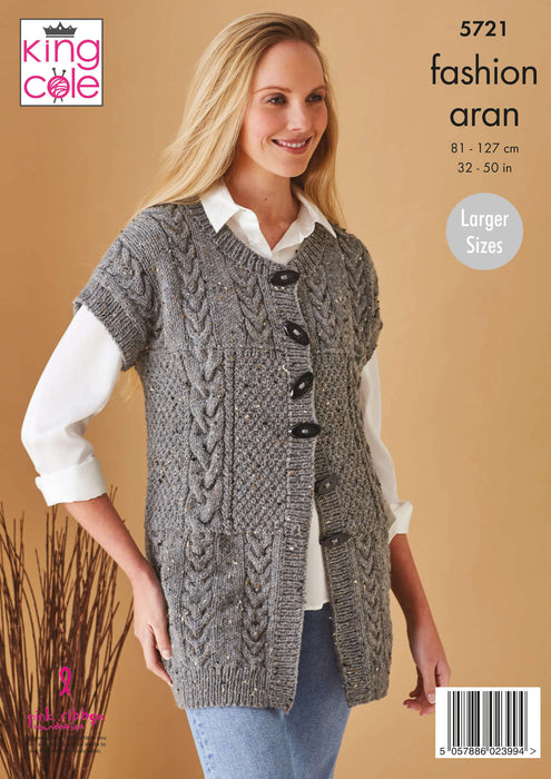 King Cole 5721 Aran Knitting Pattern - Ladies Waistcoat & Jacket