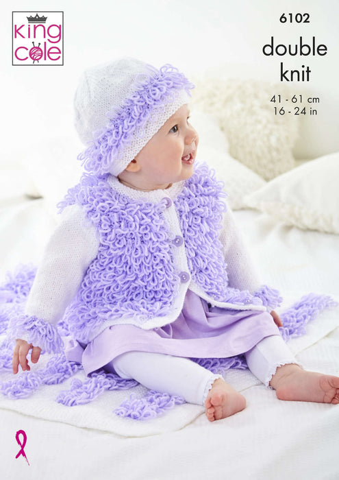 King Cole 6102 Double Knitting Pattern - Baby Loopy Cardigans, Hat, & Blanket (0-4 Years)