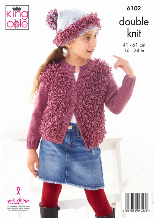 King Cole 6102 Double Knitting Pattern - Baby Loopy Cardigans, Hat, & Blanket (0-4 Years)