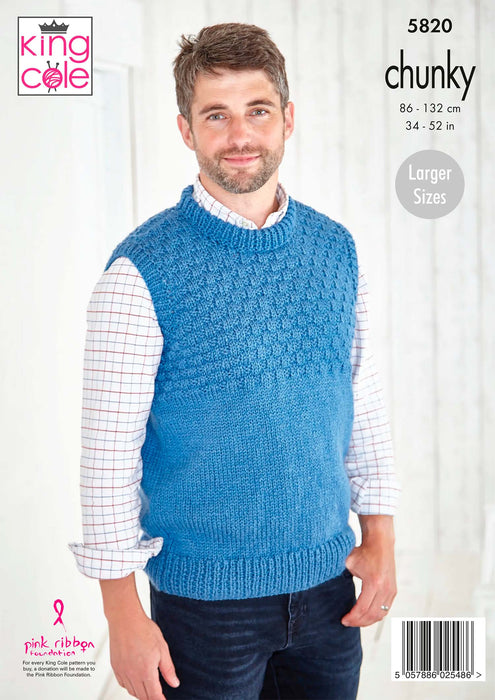 King Cole 5820 Chunky Knitting Pattern for Men - DK Sweater and Slipover (34-52in)