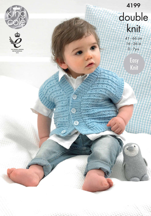 King Cole 4199 Double Knitting Pattern - Easy Knit Baby DK Jackets & Waistcoat (0-7 Yrs)