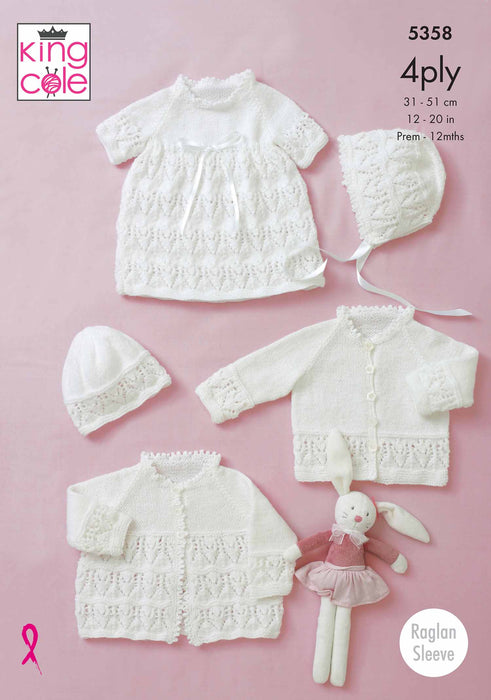 King Cole 5358 4Ply Knitting Pattern - Baby Matinee Coat, Cardigan, Dress, Hat, Bonnet & Blanket (Prem to 12 mnths)