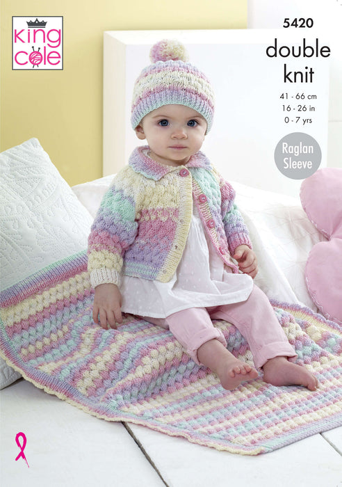 King Cole 5420 Double Knitting Pattern - DK Baby Children's Cardigan, Hat & Blanket (0-7 Yrs)