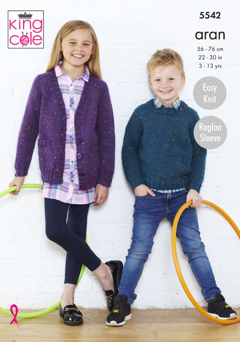 King Cole 5542 Aran Knitting Pattern - Easy Knit - Children's Sweaters & Cardigans (3 - 13yrs)