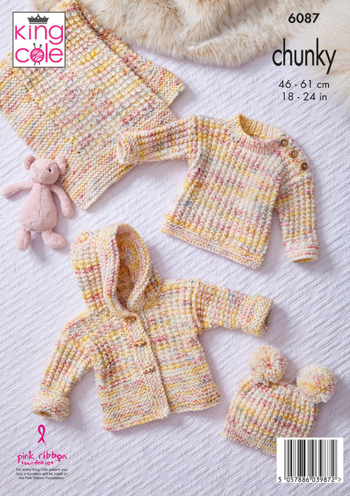 King Cole 6087 Chunky Knitting Pattern - Jackets, Hat, Sweater, & Blanket for Children (6mnths to 6 years)