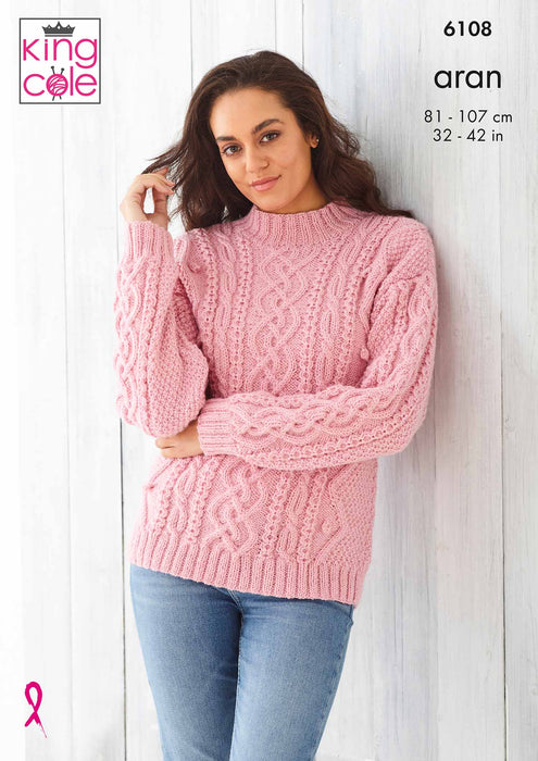 King Cole 6108 Aran Knitting Pattern for Ladies - Sweater and Cardigan