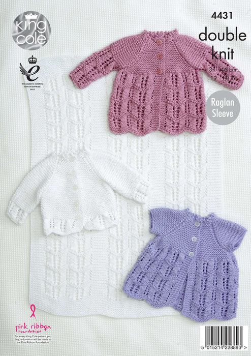 King Cole 4431 Double Knitting Pattern - Baby DK Matinee Coats, Cardigan & Blanket (Prem to 9 Mnths)