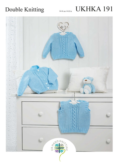 UKHKA 191 Double Knitting Pattern - DK Baby Cardigan, Sweater & Slipover (14-22in)