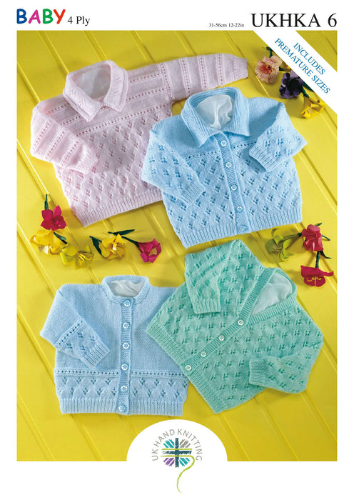UKHKA 6 4Ply Knitting Pattern - Baby Cardigans & Jumpers (Prem to 2 years)