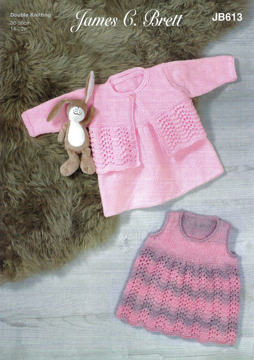 James C Brett JB613 Double Knitting Pattern - Baby Pinafores and Cropped Cardigan DK (14-22 in)