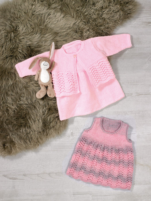 James C Brett JB613 Double Knitting Pattern - Baby Pinafores and Cropped Cardigan DK (14-22 in)