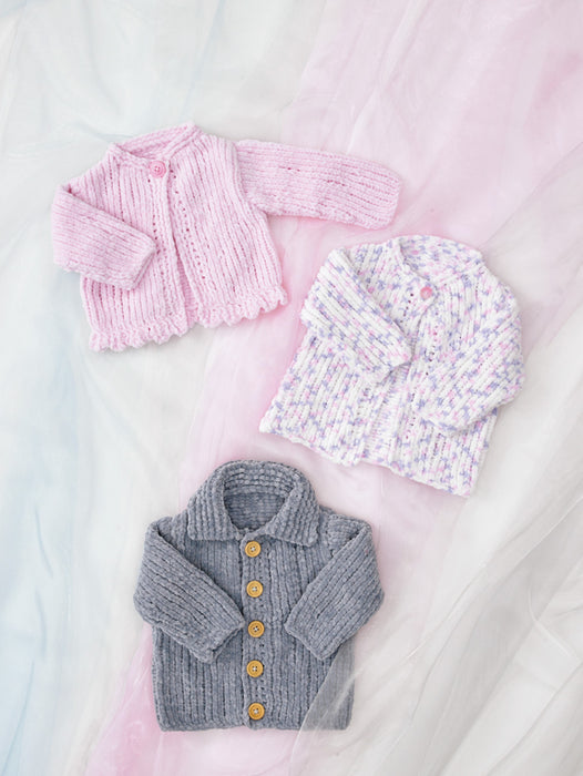 James C Brett JB734 Knitting Pattern - Baby Jacket & Cardigans Knitted With Flutterby Chunky Yarn