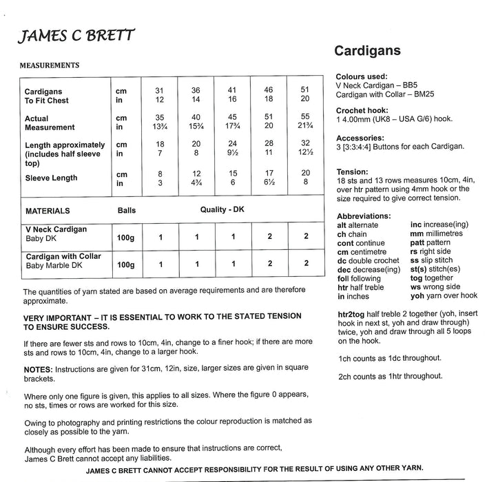 James C Brett JB737 CROCHET Pattern - DK Baby Cardigans (12-20 in)