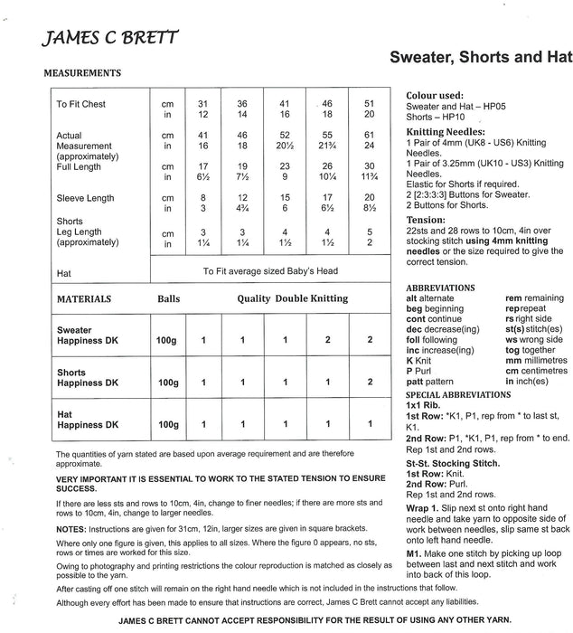 James C Brett Double Knitting Pattern JB742 - Baby Sweater, Shorts & Hat (12-20 in) DK