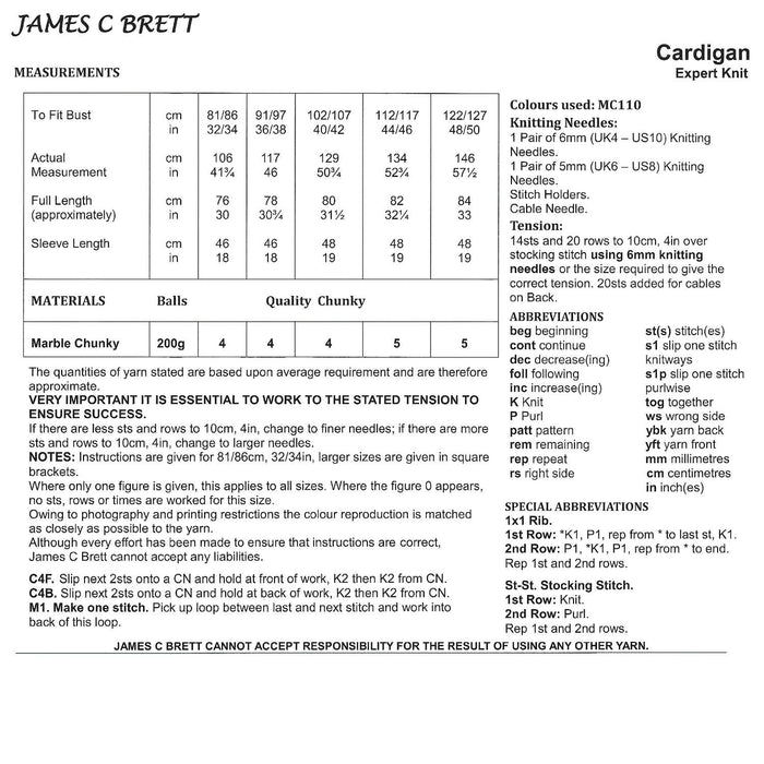 James C Brett JB842 Chunky Knitting Pattern - Ladies Cardigan (Expert Knit)