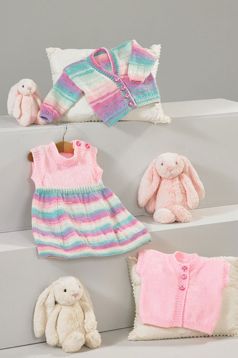 James C Brett DK Knitting Pattern JB882 - Baby Dress, Cardigan & Waistcoat - Intermediate Knit (14-20in)
