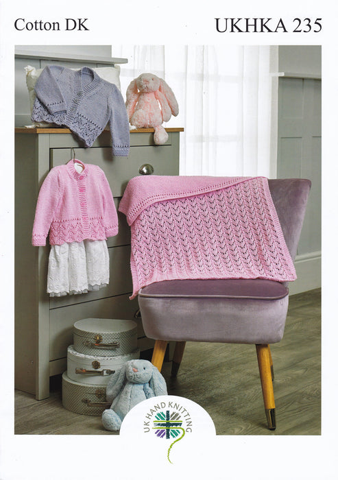 UKHKA 235 Double Knitting Pattern - Cotton DK Baby Cardigans & Blanket (14-22in)