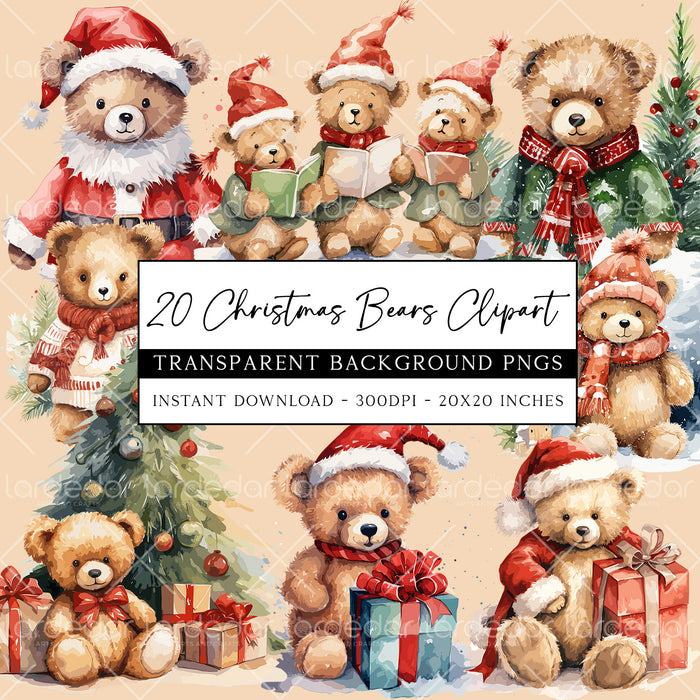 20 Christmas Bears Clipart | High Quality Downloadable PNG Watercolour Pack