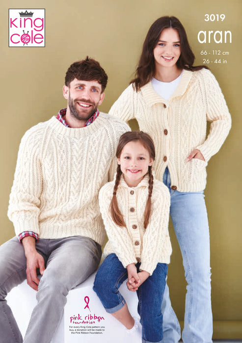 King Cole 3019 Aran Knitting Pattern - Men, Women & Children's Sweaters & Cardigan