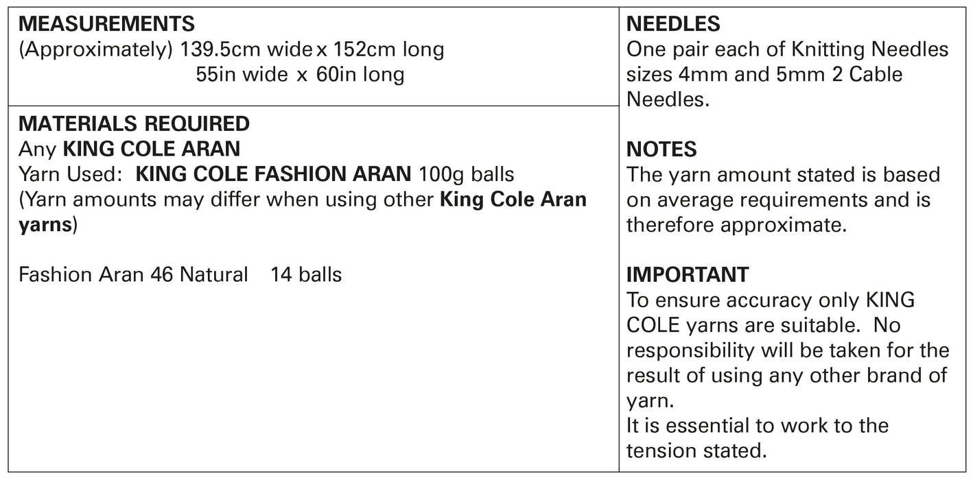 King Cole 3458 Aran Knitting Pattern - Afghan Blanket Knitted in King Cole Fashion Aran