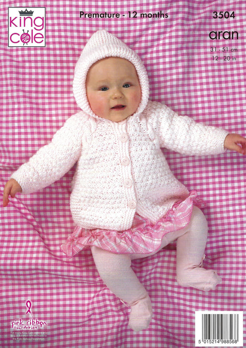 King Cole 3504 Aran Baby Knitting Pattern - All-In-One, Coat & Hat Prem - 12 months