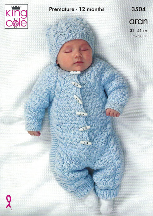 King Cole 3504 Aran Baby Knitting Pattern - All-In-One, Coat & Hat Prem - 12 months