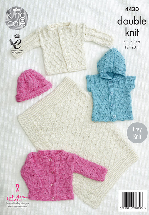 King Cole 4430 Double Knitting Pattern - Easy Knit Blanket, Jackets, Gilet & Hat DK (Prem to 12 Mnths)