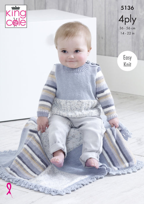 King Cole 5136 Knitting Pattern - 4Ply Easy Knit Baby Sweater, V-Neck Cardigan, Waistcoat & Blanket (Discontinued)