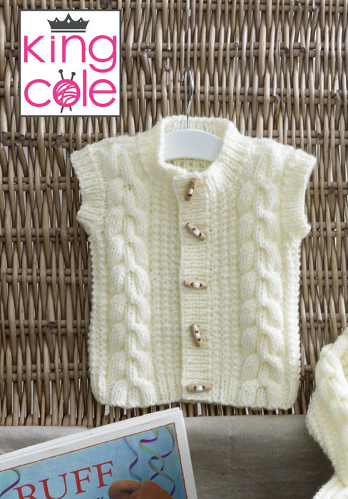 King Cole 5223 Aran Baby Knitting Pattern - Coat, Sweater, Gilet & Hat (3 Mnths to 3 Yrs)