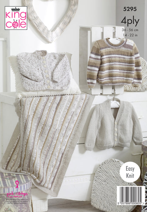 King Cole 5295 Knitting Pattern - 4Ply Easy Knit Baby Cardigans, Sweater & Blanket (Discontinued)