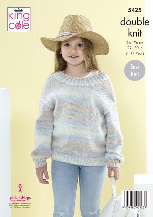 King Cole 5425 Double Knitting Pattern - Easy Knit DK Sweaters for Children