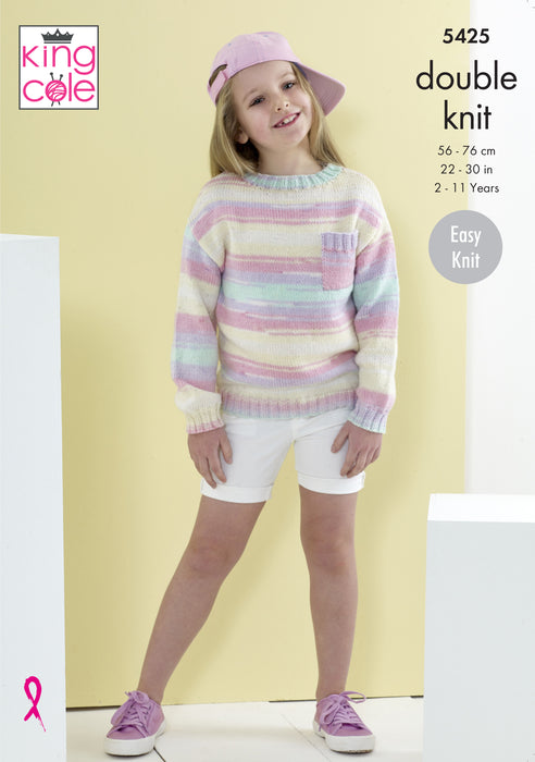 King Cole 5425 Double Knitting Pattern - Easy Knit DK Sweaters for Children