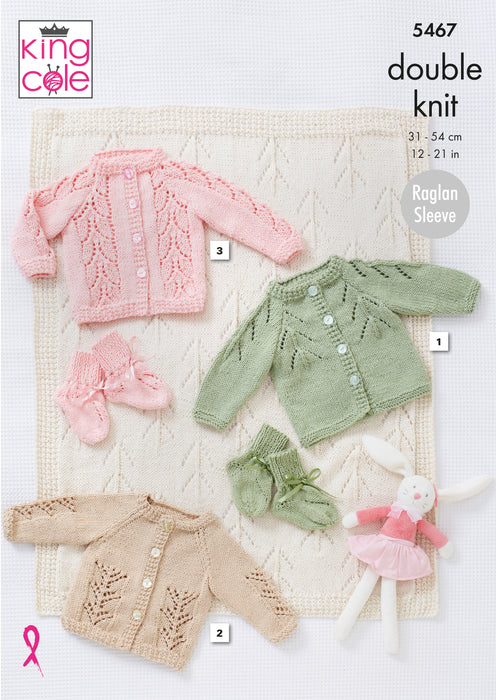 King Cole 5467 Baby Double Knitting Pattern - DK Cardigans, Blanket & Bootees (Prem - 2yrs)