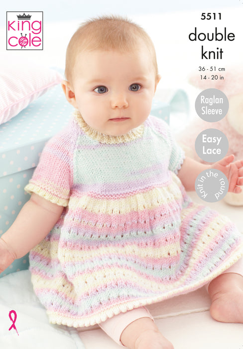 King Cole 5511 Double Knitting Pattern - Easy Knit - DK Baby Dress, Matinee Coat & Blanket
