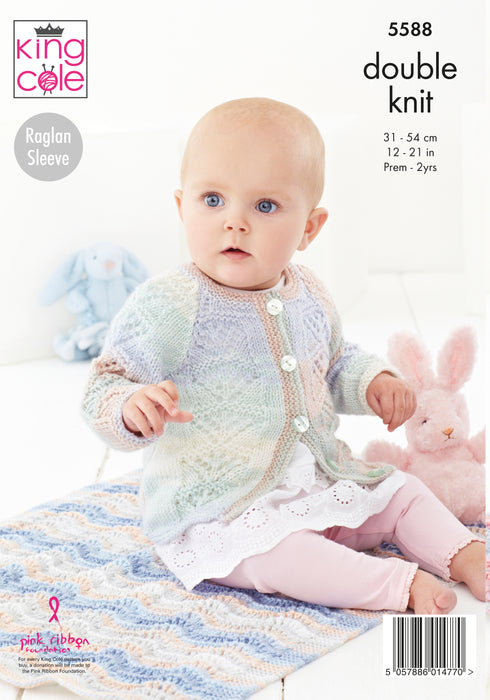 King Cole 5588 Double Knitting Pattern - Easy Lace - DK Baby Blanket, Matinee Coat, Cardigan & Hat