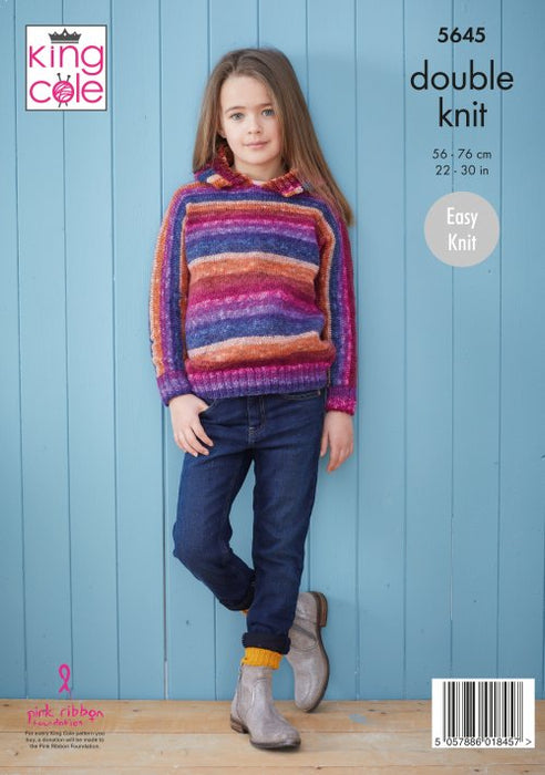 King Cole 5645 Double Knitting Pattern - Easy Knit DK Sweater & Hoodie for Children