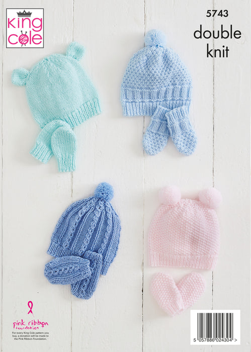 King Cole 5743 Double Knitting Pattern - DK Baby Hats & Mitts (Prem to 12mnths)