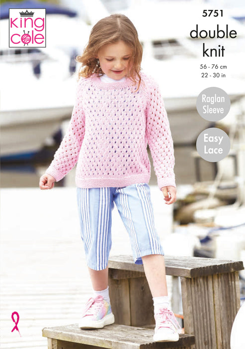 King Cole 5751 Double Knitting Pattern - Easy Lace Sweater & Cardigan Knitted in Cottonsmooth DK (22-30in)