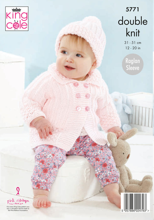 King Cole 5771 Double Knitting Pattern - DK Baby Coat, Top & Hats (Prem - 1 year)